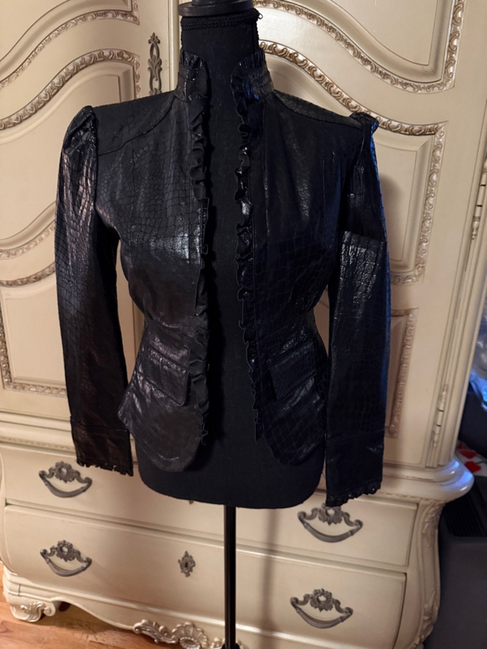 bebe Black Faux-Croc Ruffle-Trim Leather Jacket